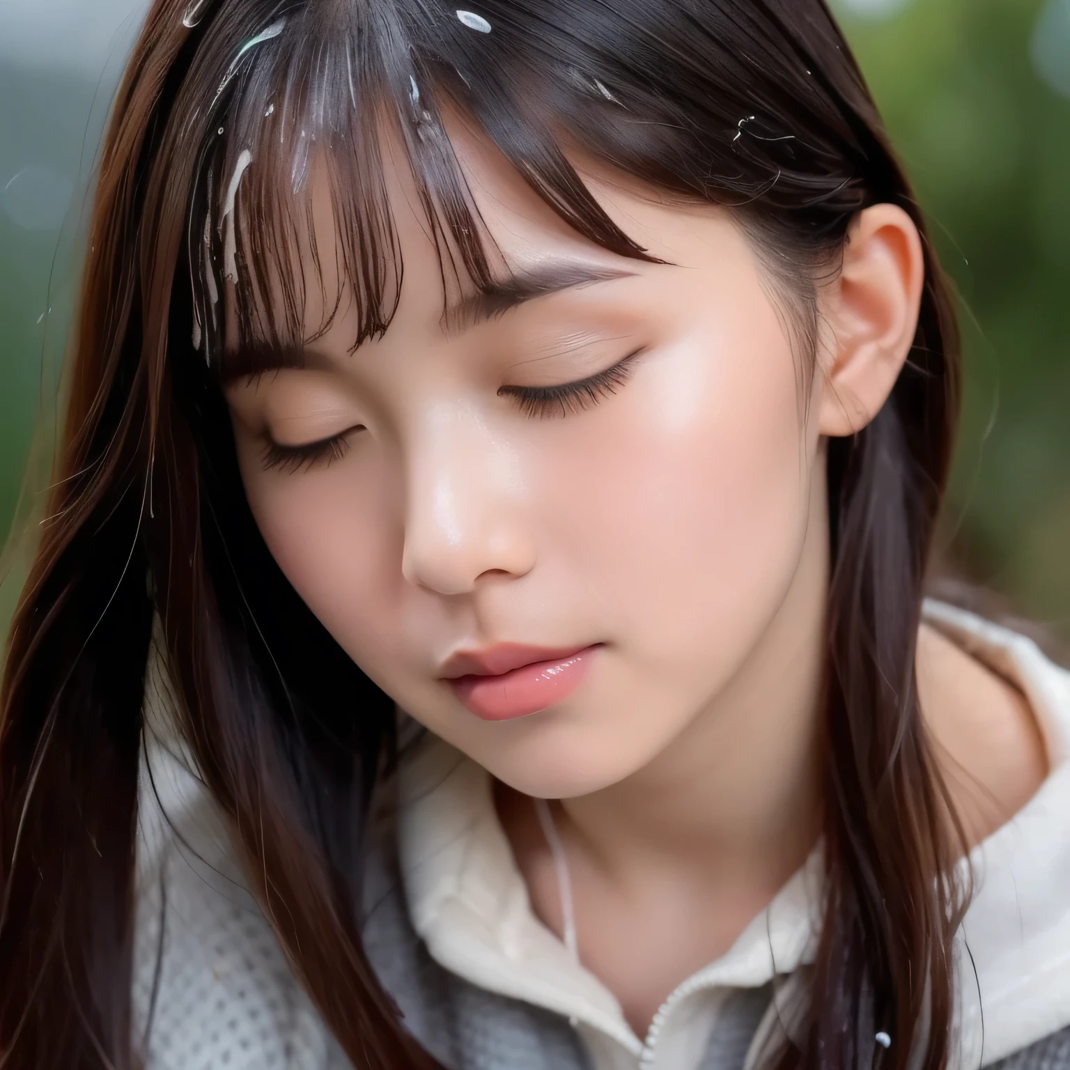 NSFW. Her cheeks are covered in a greyish-white mucus. A young woman, blushing slightly, both eyes closed, after being splashed in the face with A pale grayish-white, slightly sticky and viscous liquid, with a cloudy texture. Face slightly tilted up.  dark hair, long hair, dark eyes.