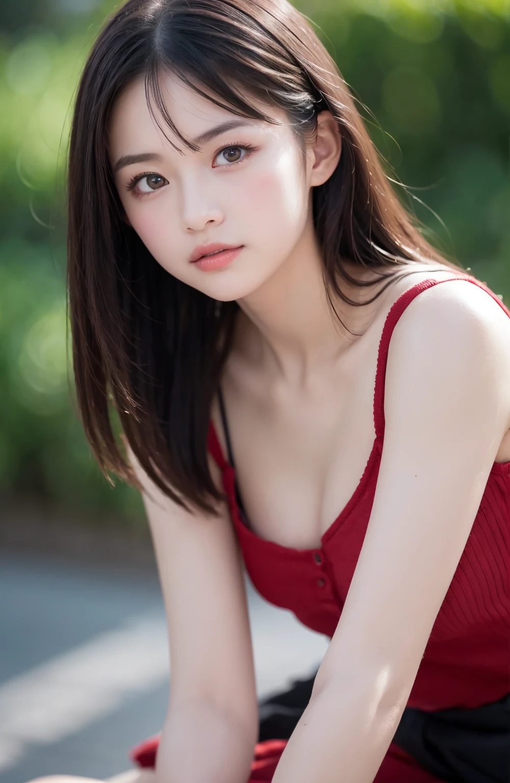 ((black dress、best quality、masterpiece、high resolution))、(((Closeup photo of girl walking on all fours)))、(shy smile:1.2)、20 year old woman、beautiful skin、beautiful eyes、big bust、split、cute random hairstyles, Stick your butt out,