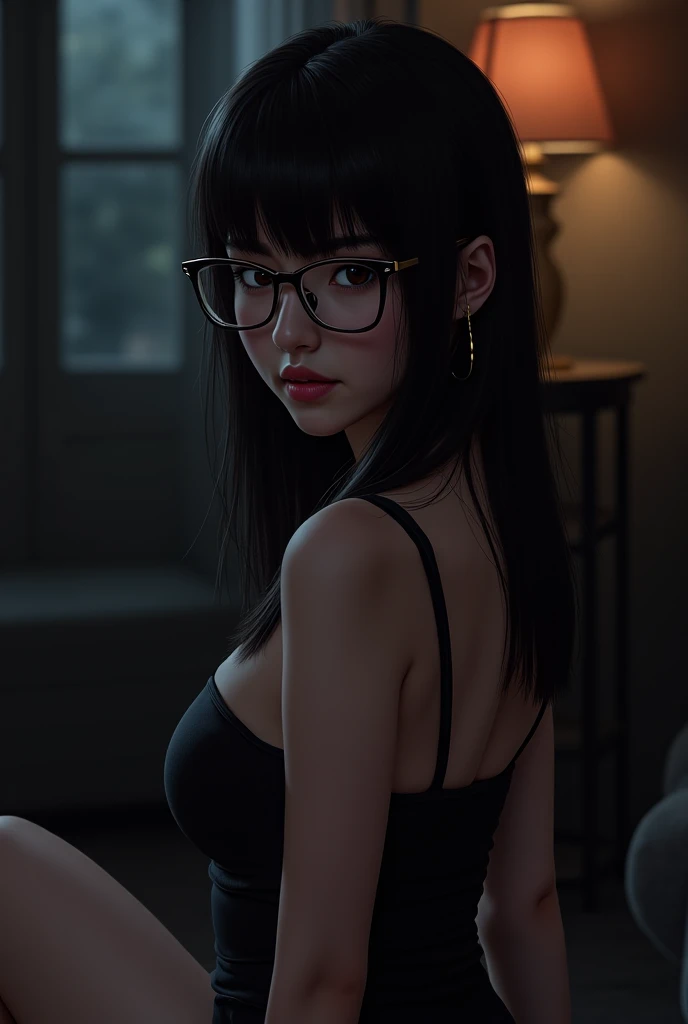 (raw photos, best quality), (realistic, photo-realistic:1.2), 1 girl, High quality, (Highly detailed skin:1.4), Bags under the eyes, glasses, Beautiful hair,  (dark room:1.3), (By the light:1.3), (The light is dim.:1.3), (dark night:1.3), In the building, Portrait, black hair, dark background, short hair,  Lace bra