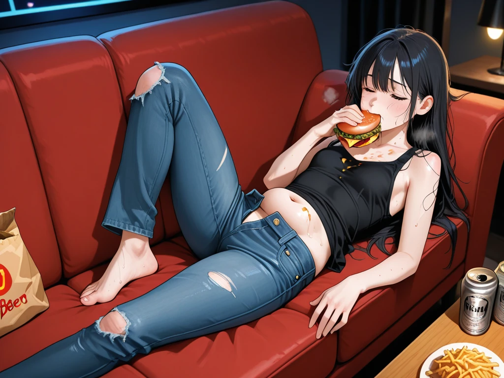 Holding (A slice of pizza)1.5 topless, Armless, A woman wearing full-zip shorts Jeans have a belt Big Ass Spread your legs