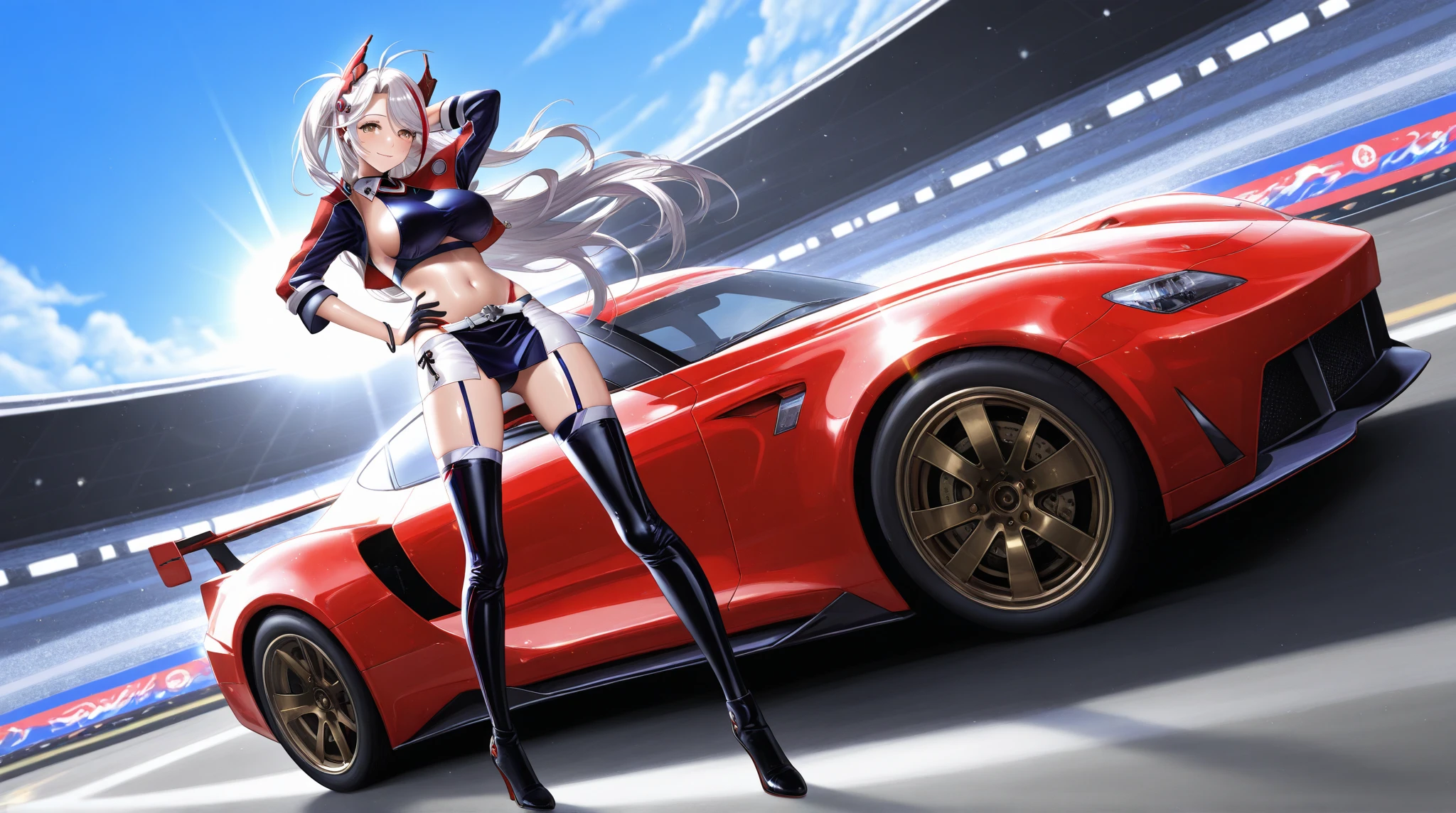 One Woman Race Queen Posing for the camera in front of a sports car High leg Low - Angle Cute smile