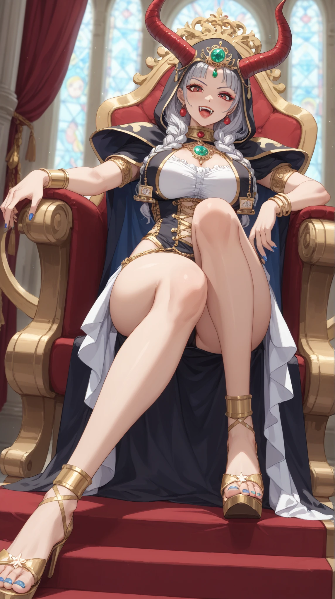 masterpiece, extra limbs, 1vampire lady, 250 years old,((light gold extra long hair)), slant blank ruby red eyes, big breasts, curvy,(pale white finely detailed skin), (serious),(((clothed Necromancer))),hair ornaments,earrings,cape,evil sword,crossed legs,sitting on throne,old castle,midnight