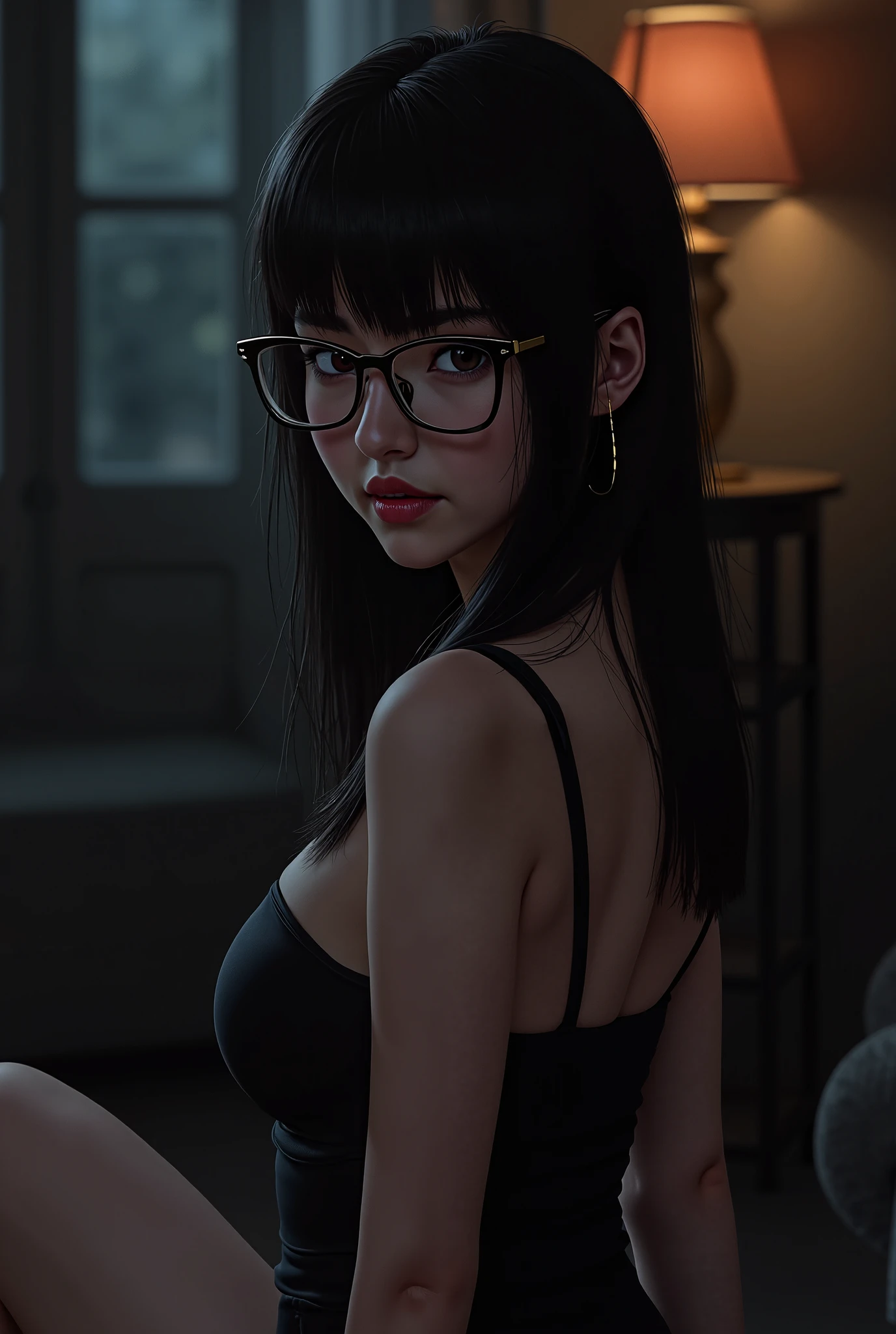 masterpiece, highest quality, (Highly detailed CG Unity 8k wallpaper), (highest quality), (Best illustrations), (Best Shadow), Confused, Realistic lighting, (abyss), Beautiful and delicate shine, art：Peter Mohrbacher,Random Pause,((Red luxurious detail bra,Sensual,)),Cute freckles on the cheeks,Mole under left eye,Cowboy Shot, wear glasses, Japanese Model, wear glasses on, Wearing square glasses, Young sensual gravure idol, yasumoto oka, A real young gravure idol, Without glasses,Provocative ass,Beautiful spine,