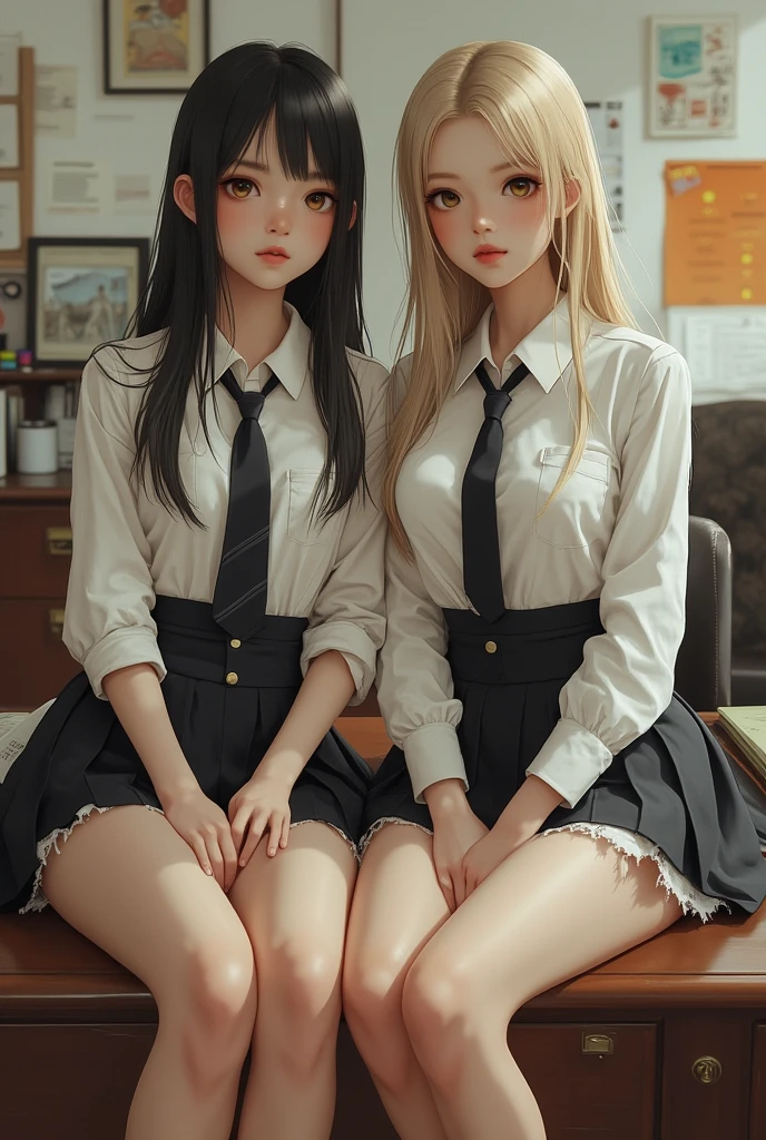 best qualtiy, Full body like，Refined face，18-year-old girl，Slim body，Twin schoolgirls kiss each other，Torn white JK school uniform with tie，black micro skirt，School scene，One white stocking and one black stocking，Place your hand on the other person's chest，Need，tmasterpiece，k hd，16k，realistic detail，photography quality，best qualtiy，her（（The is very large）），The buttons barely fit together，exposing her chest，Feet up in the sky，spread their legs