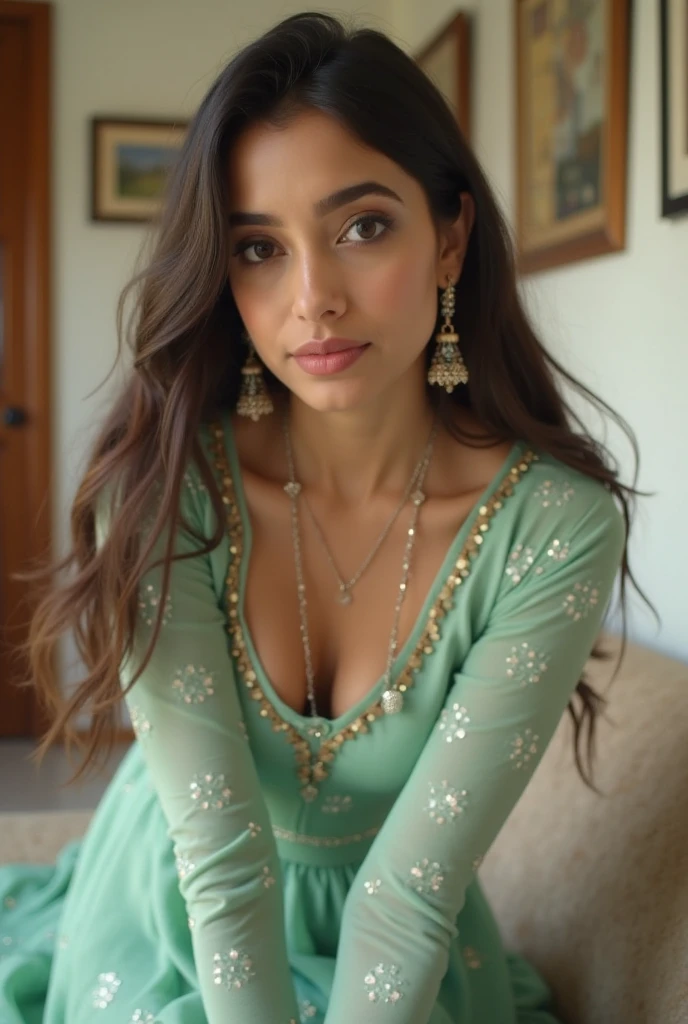 Portrait of A confident-looking white rea chakraborty , actress rea chakraborty, white woman with bun of long and thick brown hair tied behind and covered with flowers, hazel eyes, wearing a traditional green saree, medium cleavage, wearing lots of jewellery, smile on face, lusty look, standing in bedroom, perfect composition, hyperrealistic, super detailed, 8k, high quality, trending art, trending on artstation, sharp focus, studio photo, intricate details, highly detailed, art by greg rutkowskiIndian woman blue eye and very long dark brown hair wolf hair cut hairstyle, round face shape with dimples, wering nose ring, ear rings,( body mesurement 37-30-40 weight 70kg height 5.7 ft ,)realistic lighting and HDR 8K sunset time natural red sun lightning ,5:10 ratio, wide angle, background beutifull naher , vibrant color grading, wide-angle shot, light leaks, adventure