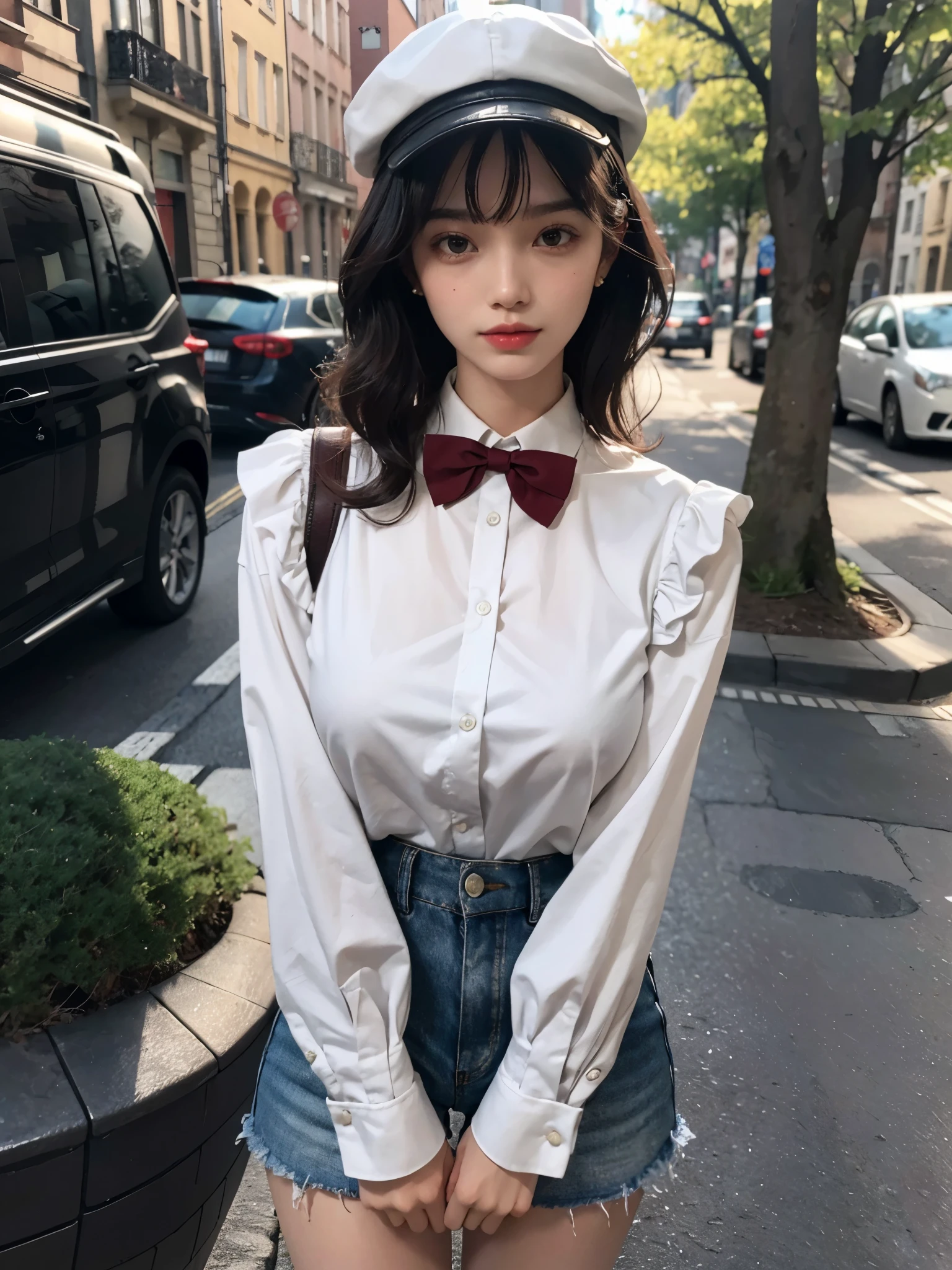 (8K, top-quality, masterpiece:1,2), (reallistic, Photorealsitic:1.37), Super Detail, One girl,), (Highly detailed), (beautifully detailed eyes), (of the highest quality), (super detailed ), (masterpiece), (Detailed face),20yr old, ,1 girl, full body, pink hair,Very short hair, medium breasts, clothed, Perfect Lighting, pussy and breast focus, looking at viewer, pretty  face，office lady uniform，Office wear，white stockings，Outdoor scene，Sit Pose，yellow long hair
