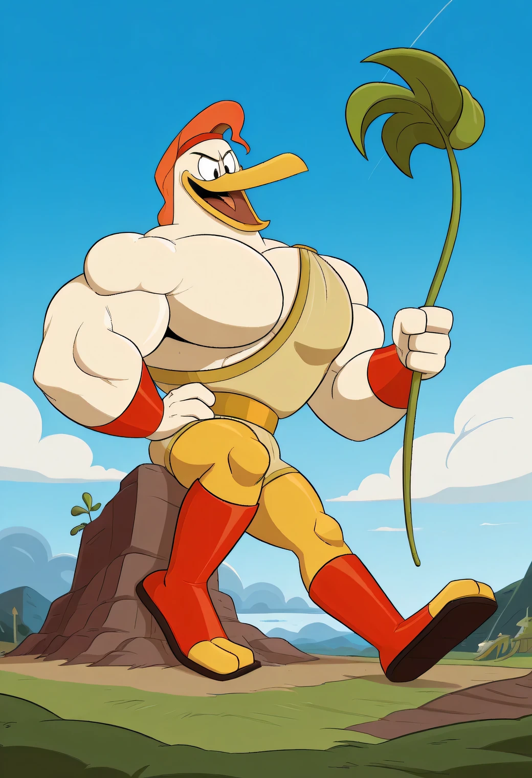 score_9, score_8_up, score_7_up, score_6_up, best quality, highres, source_furry BREAK ppp BREAK (outdoors, sky and clouds, detailed background:1.2), blue sky background, fairytale fantasy scene, jack and the beanstalk story,
1boy, male, solo, duck, beak, launchpad mcquack, white skin, muscular body, red headband. Red wrist tape. Red elbow pads. Red shorts. Red kneepads. Red wrestling boots. black eyes, furious, angry, open beak with teeths, looking down, hand on hip, short hair, red hair, anthro, angry expression, furry, shirtless, showing muscles, ginomous biceps, enormous pectorals, giant size, macro size, 50-foot size, full body, yellow legs, blue sky background, going down to the large beanstalk plant, sitting and holding on the beanstalk, chasing a , jack and the beanstalk scene.