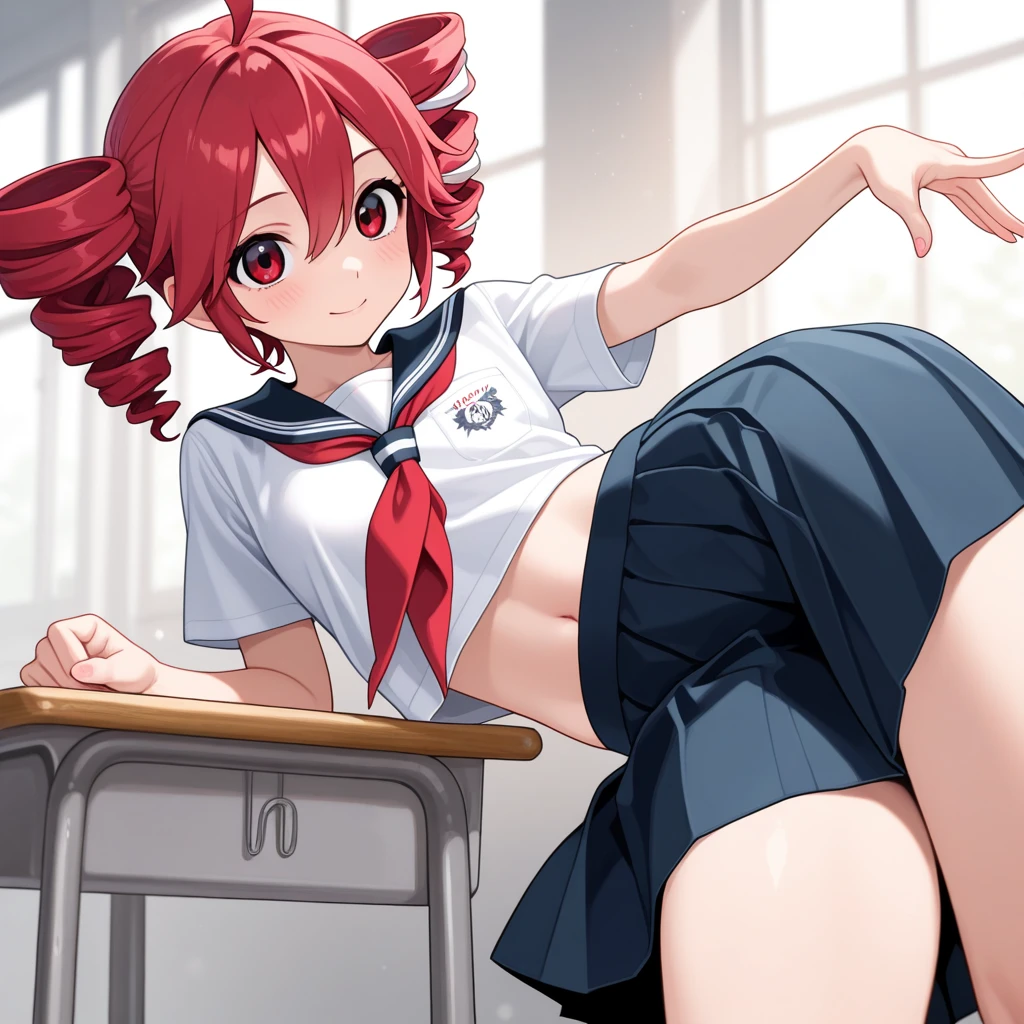 1girl,Etna,Devil Girl,(blush、Embarrassing,Worried brow,smile),Flat body,Flat Body,No underwear、Sailor suit、Pleated skirt、Anal、Pussy、Have legs、Open your legs in a V shape、V-shaped splits,tail、classroom,On the lectern、on the desk