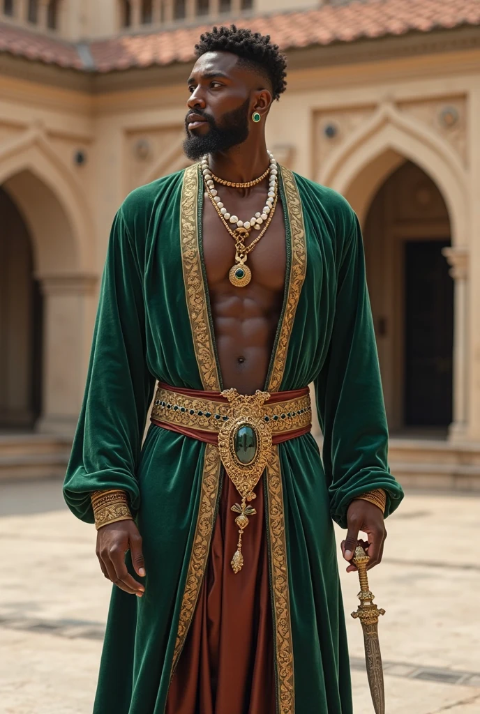 a dark man,dressed only with a blanket over his crotch,a pearl necklace,has a beard prominently curly hair,draws rays from his body and eyes,is floating