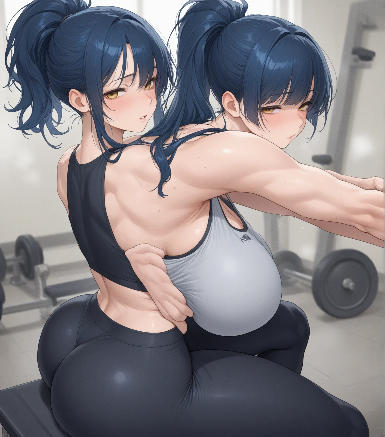 Girl with medium breast wearing tight sports bra with angry and shy expression, big thighs, sexy, wearing sports bra, shy, hot, she is sitting on the chair, she is embarrassed, medium breast, shy expression, tight sports bra,t, in pain, she is super in pain, dynamic shot, dynamic pose,sweaty, big thighs, closed eyes, crying, dynamic shot, close up shot, foreshortening shot, she is touching her belly, she is grabbing her butt, she is trying hard, she is naked, she is holding her pee, she is wet, big butt, long hair, black hair, bangs, she is pouting, dynamic pose