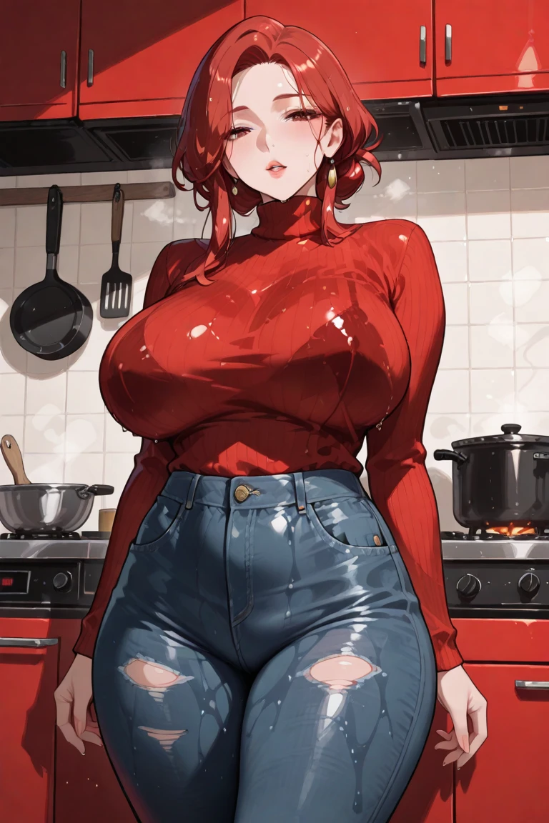 Masterpiece, hi res, absurdres, Best Quality, 4K, detailed, HD, solo, mature female, milf, tall, huge breasts,thick, prominent lips, red lipstick,curvy, short red hair, bulging crotch,male, large bulge,bulge, daddy, blushing, looking away, white thank top, blue yoga pants, kitchen 