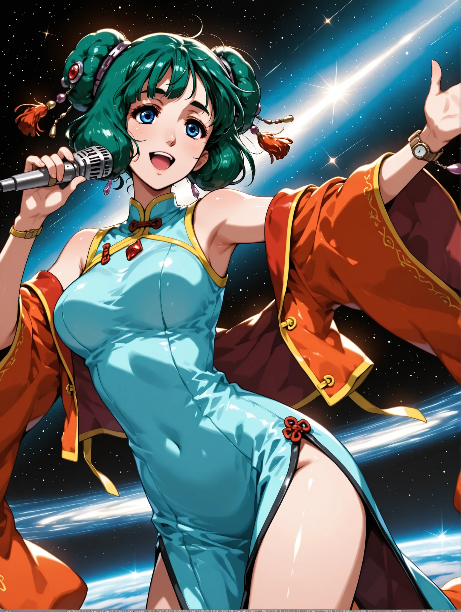 (masterpiece、Highest Quality、Highest Quality、Official Art、beautiful and beautiful:1.2)、(1 girl on break day:1.3) Ling Min Mei ,1 girl, bun hair, beautiful breasts, Watch Viewers, smile, (( Ling Min Mei of macross)),girl in red china dress、open your mouth, blue eyes, , microphone, music, space, ホルディング microphone, Singing ,