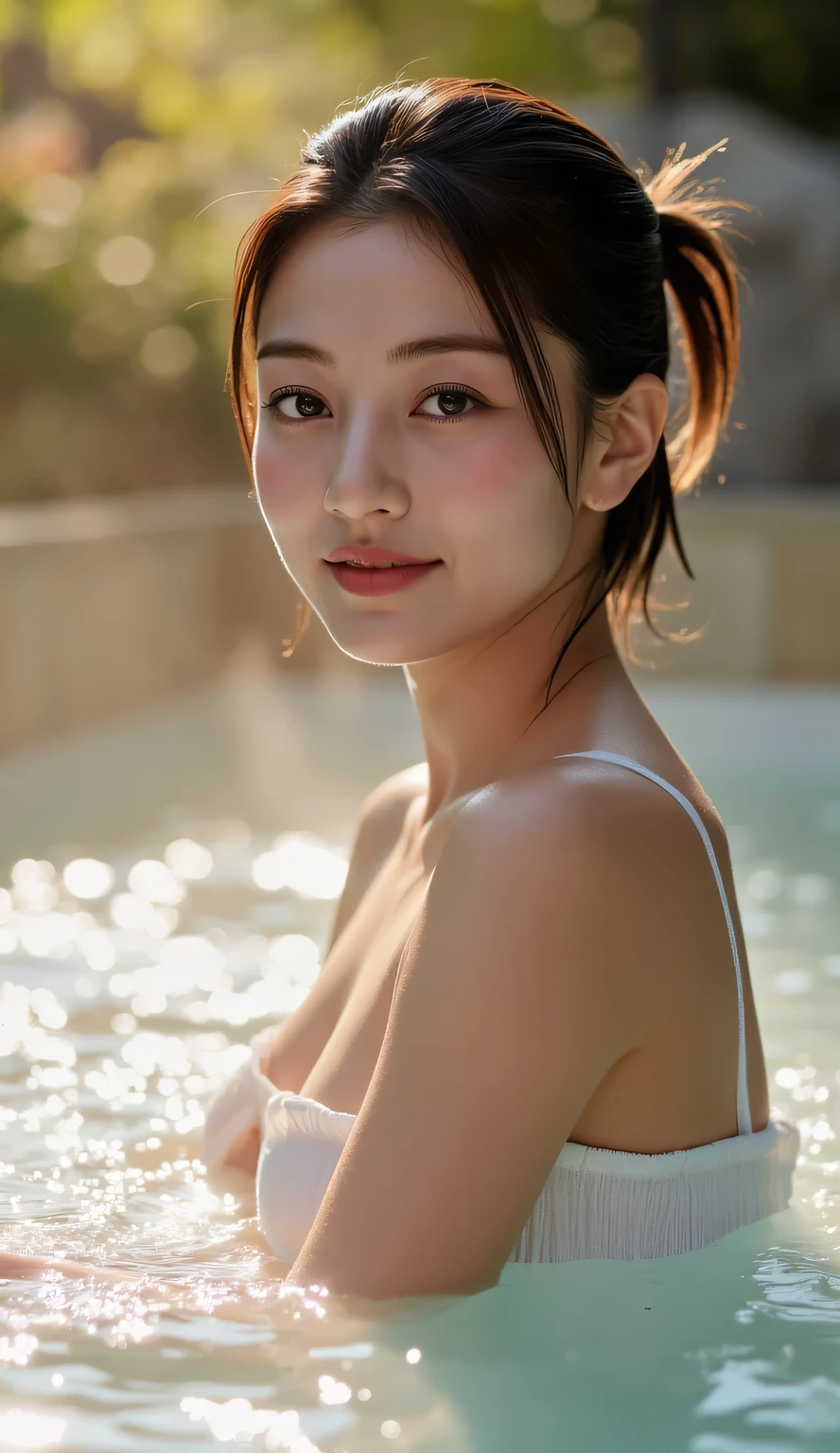 ((of the highest quality, 8K, masutepiece: 1.3, Raw photo)), Sharp Focus: 1.2, (1 AESPA Girl :1.1), Solo, (Realistic, Photorealistic: 1.37), (Face Focus: 1.1), Cute face, hyperdetailed face, short messy hair, Small Smile, Small breasts, flat chest, thigh, (open-air bath at night in a hot spring inn in Japan: 1.2), (blush: 1.2), (naked: 1.4), (updo: 1.2), (girl is soaking in hot water: 1.3), (night:1.5), (water vapor:1.2), ((Towel is hiding from chest to locality, naked towel, wearing bath towel: 1.3)), moon light