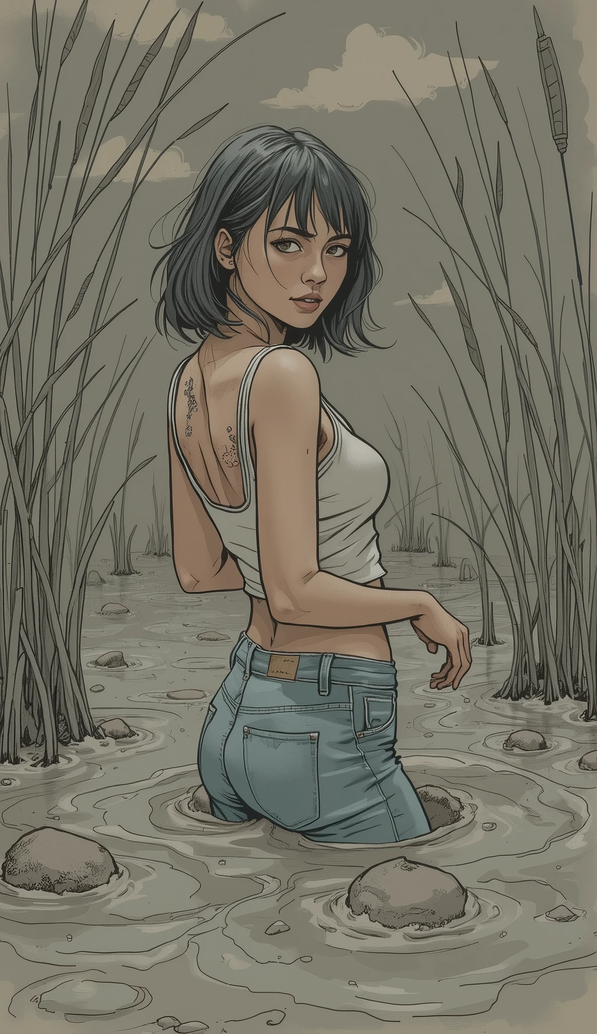 vector image, close-up, anime, junior girl, gloomy orgasm,blush, black stockings with garters:1.2,,denim shorts, crop-top,drowned in quicksand bog,red