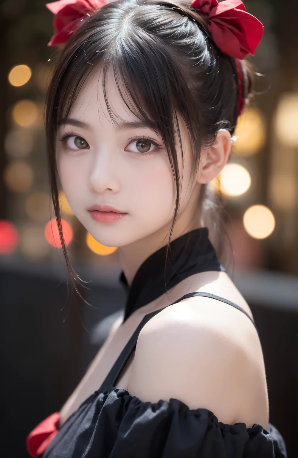 Masterpiece, 1 Beautiful Girl, Detailed, Swollen Eyes, Top Quality, Ultra High Resolution, (Reality: 1.4), Original Photo, 1Girl, Cinematic Lighting, Smiling, Japanese, Asian Beauty, Korean, Clean, Super Beautiful, Little Young Face, Beautiful Skin, Slender, Cyberpunk Background, (ultra realistic), (high resolution), (8K), (very detailed), (best illustration), (beautifully detailed eyes), (super detailed), (wallpaper), (detailed face), viewer looking, fine detail, detailed face, pureerosfaceace_v1, smiling, 46 point slanted bangs, looking straight ahead, neat clothes, dark colored eyes, clothes sleeveless, body facing front,