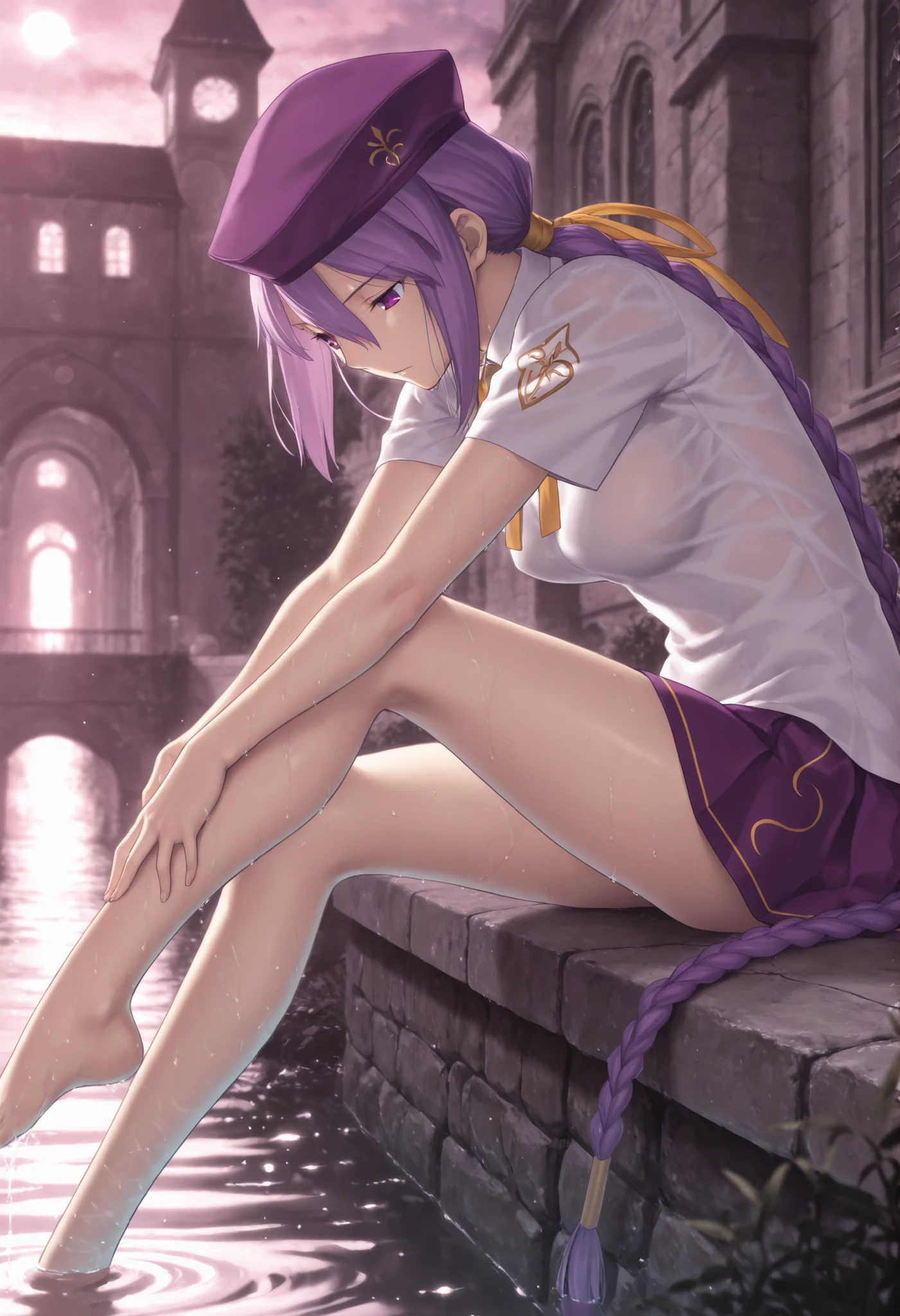 masterpiece, , absurdres, highres, detailed background, high resolution, masterpiece, necessary, detail, best quality, quality, necessary, details, High details, Precise, dark, outdoors, (mansion, ,river), lens flare, blurry background, in water ,from side,                                            
                                                                                                                                                                                                                         1girl, Takeuchi Takashi (type-moon,tsukihime) style, takeuchi takashi style,, (aged up:1.5) ,((very long legs, slim legs)),sitting ,((leaning forward)),  
   
girl, (slender body, slim arms, slim bod), (Sion) Eltnum (Atlasia) ,sion eltnam atlasia,(fate), purple hair , purple eyes, half-closed eyes, tsurime, hair between eyes ,long bang, long hair , braided hair , braided ponytail , yellow ribbon ,,small breasts,  collared shirt , white shirt , ,short sleeve, , dark purple skirt , miniskirt ,dark purple beret ,looking down , touching leg, 
