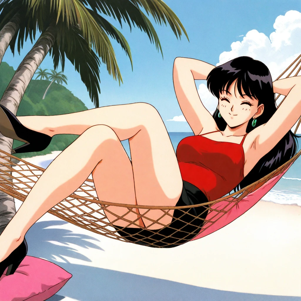 1 girl, alone, swimsuit, bikini, red bikini, black hair, barefoot, short hair, sitting, simple background, retro artstyle, looking at the viewer, black eye, white background, whole body, 1980s (style), chest,