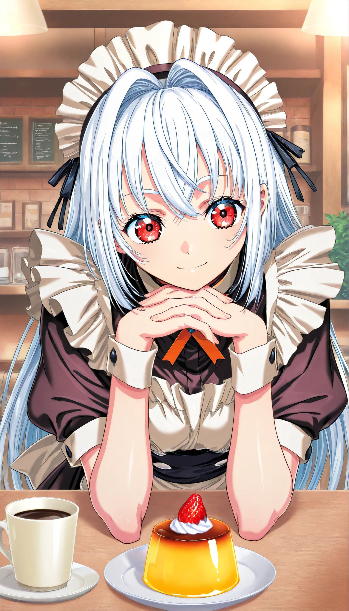 masterpiece, Highest Quality, newest, high definition, 1 girl, Yokota Mamoru style,Line of Motion,very straight nose， slim,Narrow Face,perfect nose,stare at the viewers,charming smile、(face up:1.core_9, score_8, score_7, score_6, source: anime , mango pudding,  white cream,   strawberry , Glass base  ,  white cream, coffee shop bottom, maid waitress, Red Eyes, white hair ,   ambient light  , Focus on pudding.