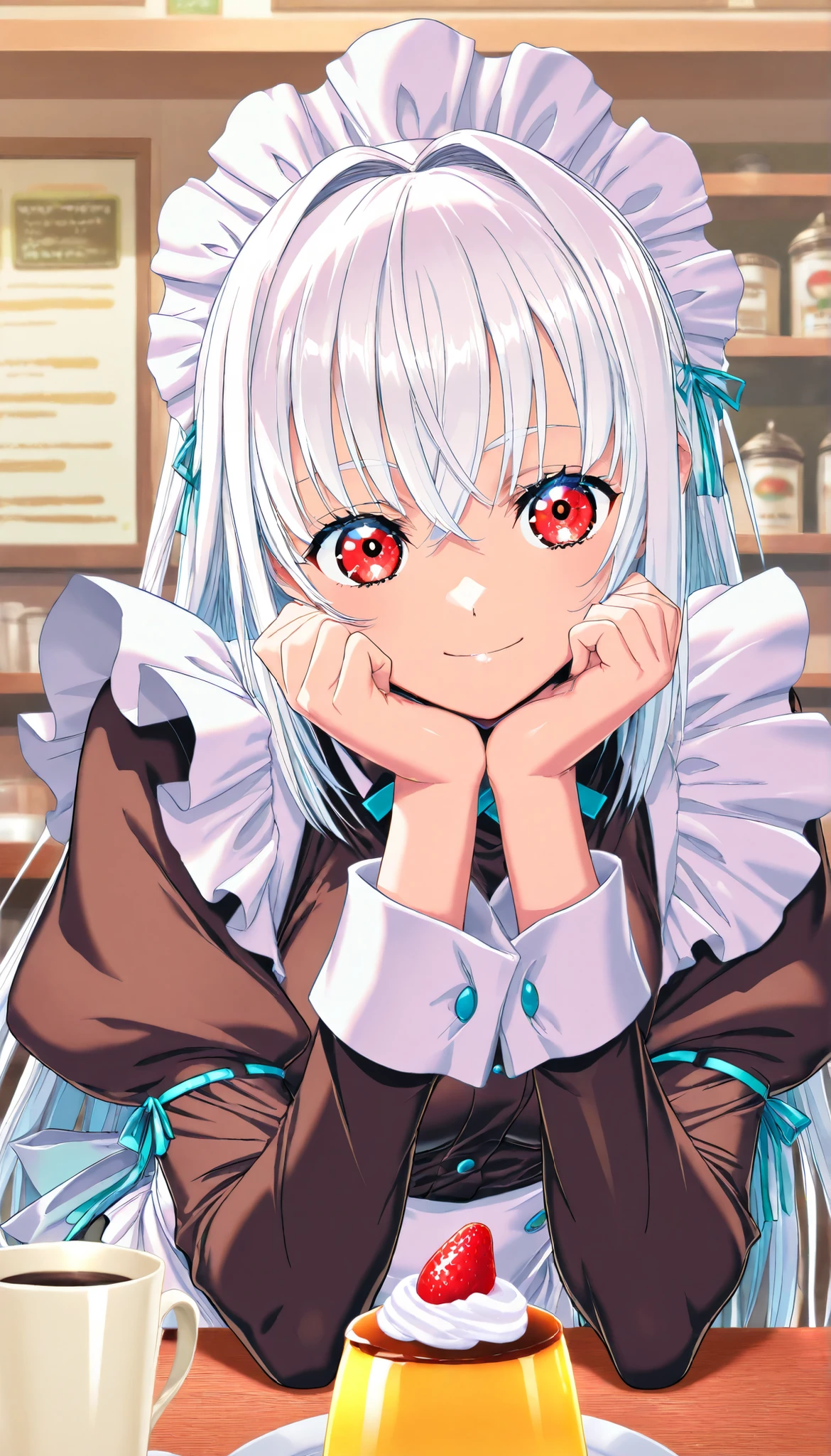 masterpiece, Highest Quality, newest, high definition, 1 girl, Yokota Mamoru style,Line of Motion,very straight nose， slim,Narrow Face,perfect nose,stare at the viewers,charming smile、(face up:1.core_9, score_8, score_7, score_6, source: anime , mango pudding,  white cream,   strawberry , Glass base  ,  white cream, coffee shop bottom, maid waitress, Red Eyes, white hair ,   ambient light  , Focus on pudding.