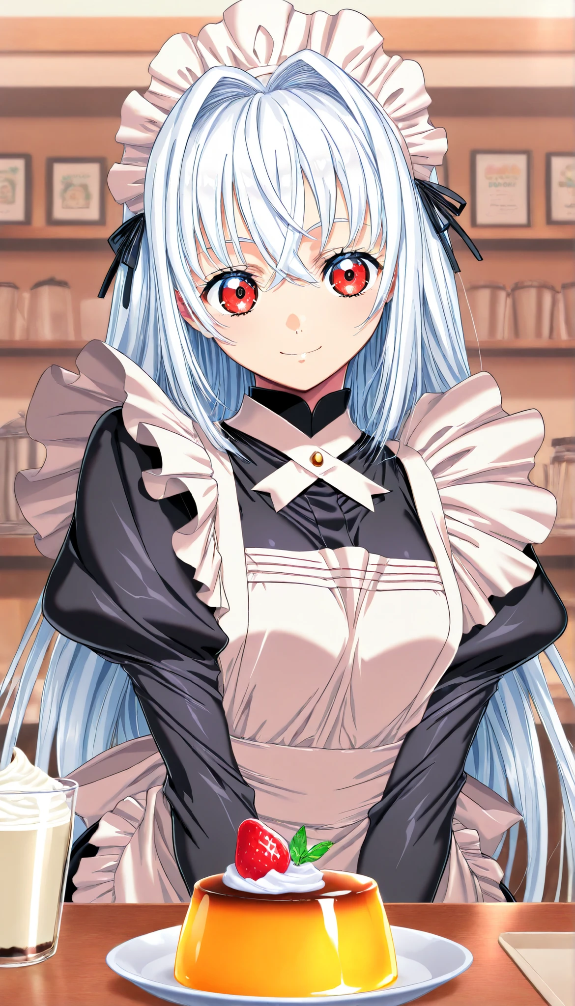masterpiece, Highest Quality, newest, high definition, 1 girl, Yokota Mamoru style,Line of Motion,very straight nose, slim,Narrow Face,perfect nose,stare at the viewers,charming smile、(face up:1.core_9, score_8, score_7, score_6, source: anime , mango pudding, white cream, strawberry , Glass base , white cream, coffee shop bottom, maid waitress, Red Eyes, white hair , ambient light , Focus on pudding.