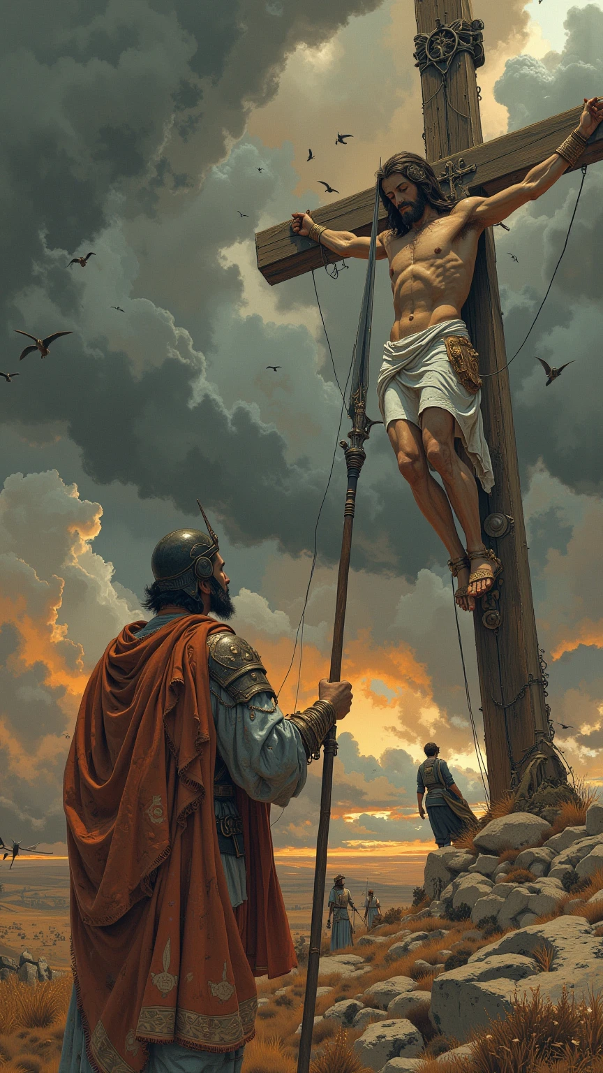 A man on a cross, being wounded by a Roman soldier with a spear 
