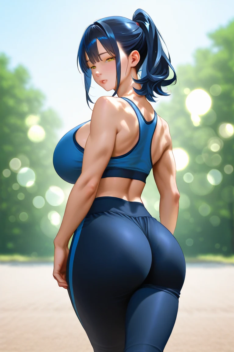 Woman in a sport outfit, sport bra, shorts, sweaty clothes, sweaty, curvy, busty, smirk, evil, thick thighs, back view, presenting butt, hand on butt, looking at viewer, looking back