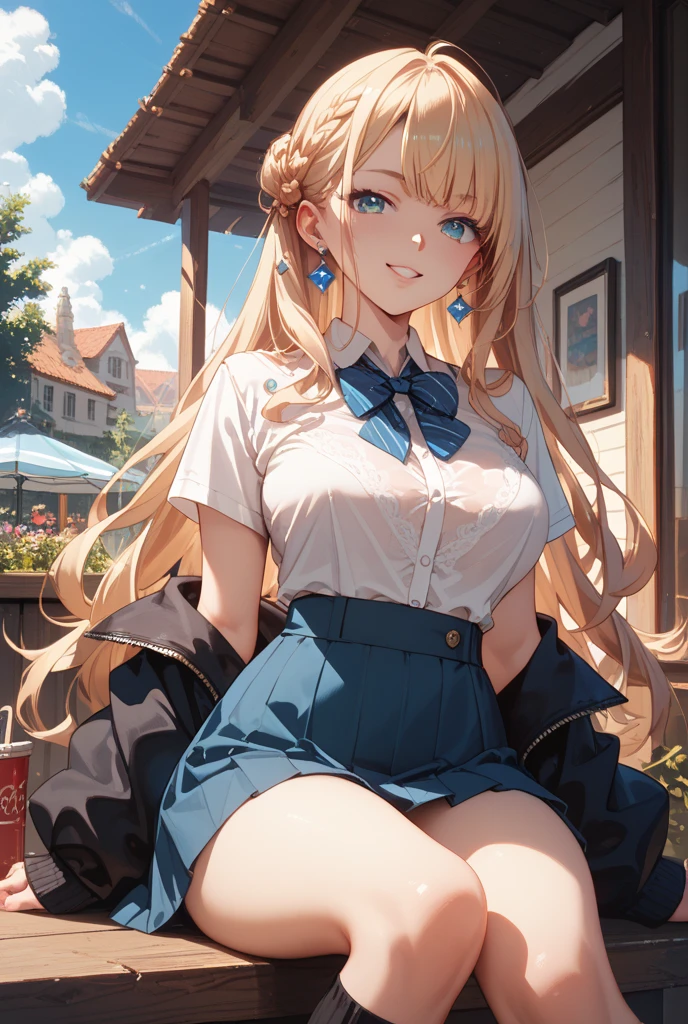safe for work, 1girl, solo, solo focus, A hentai manga character, Nanako Von Meinsfelt, by Fan no hitori, uploaded to Nhentai.net, blonde hair giant curly twintail, ojou-sama, black school uniform, red cravat with a white cross on it, black pantyhose, brown mary jane shoes, a pleated skirt, with stunning blue eyes, large breasts, thick thighs, masterpiece, best quality, full-body portrait, background messy alleyway, Holding giant pernach mace
