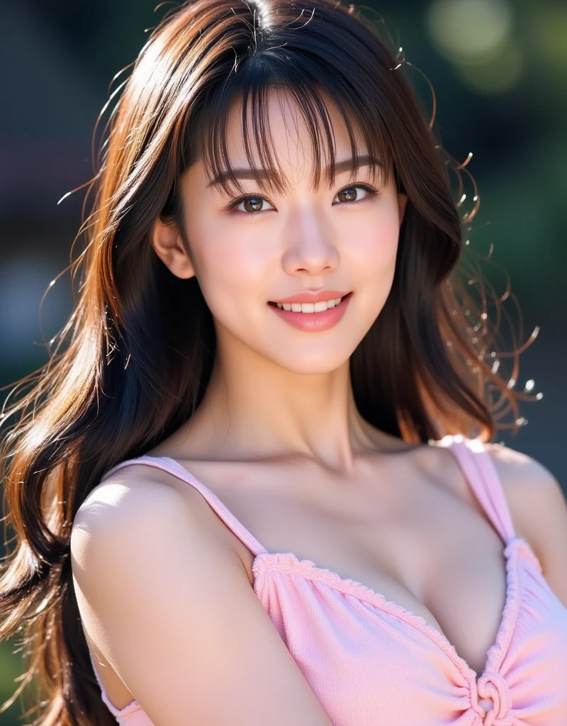 Pale face:1.3、Super thin face:1.3, (very big eyes:1.5)、 (blown eyes:1.5), master piece、8K, {highest quality}, {{masterpiece}}, {very delicate and beautiful}, outstanding light and shadow, highly detailed wallpaper, clear and bright sunlight, Full body: 1 girl, , blush、茶Farbeのショートボブヘア, strong sunlight, (Business Fashion:1.5), delicate hair, B cup breasts, shiny skin, Realistic human skin texture, visible wrinkles on the skin., broad shoulders,window, ((a strong light shines on your face)), Farbe々take a pose:1.5, necklace、ring、earrings、Toothless smile:1,5, A park with cherry blossoms in full bloom