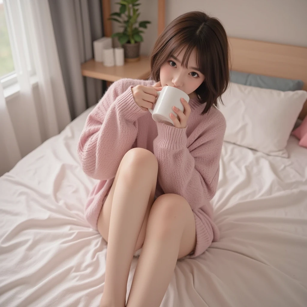 1 woman, messy short hair, sitting on a high chair in a kitchen, watching tv, cotton short, lacy pink socks
