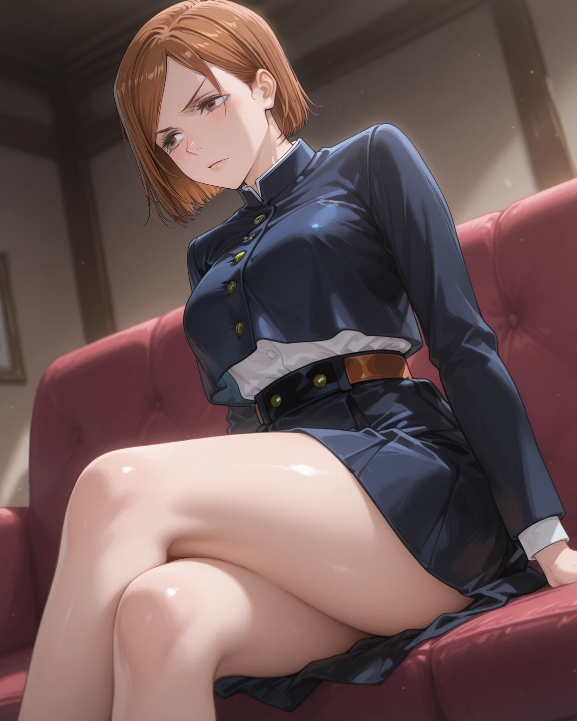 (Very detailed,highest quality,8k,High resolution,masterpiece:1.2),(Realistic,photoRealistic,photo-Realistic:1.37),One Woman, Nobara Kugisaki,Blue Skirt,turtleneck,Blue jacket,Crop top overhang,
Beautifully detailed sweat glands,Smooth skin texture,Carefully drawn,Beautiful Eyes,
Black Stockings,No shoes,(humidity:1.2), Lively expressions, (Beautiful Skin),(Big Breasts),Sticky with sweat,In a dynamic pose,((Showing off the soles of your feet)),Sitting at a desk,((Steam comes out from my feet))
jujutsu kaisen,indoor,classroom,