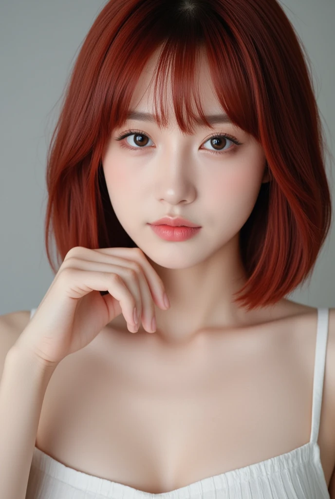 (Best image quality)、Ultra-Realistic Capture、19-year-old Japanese woman、Highly detailed eye resolution、cute、bob hair、With bangs、Show your armpits、Sleeveless dress、White Background、Natural light、Translucent white skin、Orange Makeup、The side of my hair is hanging over my cheek、pink hair