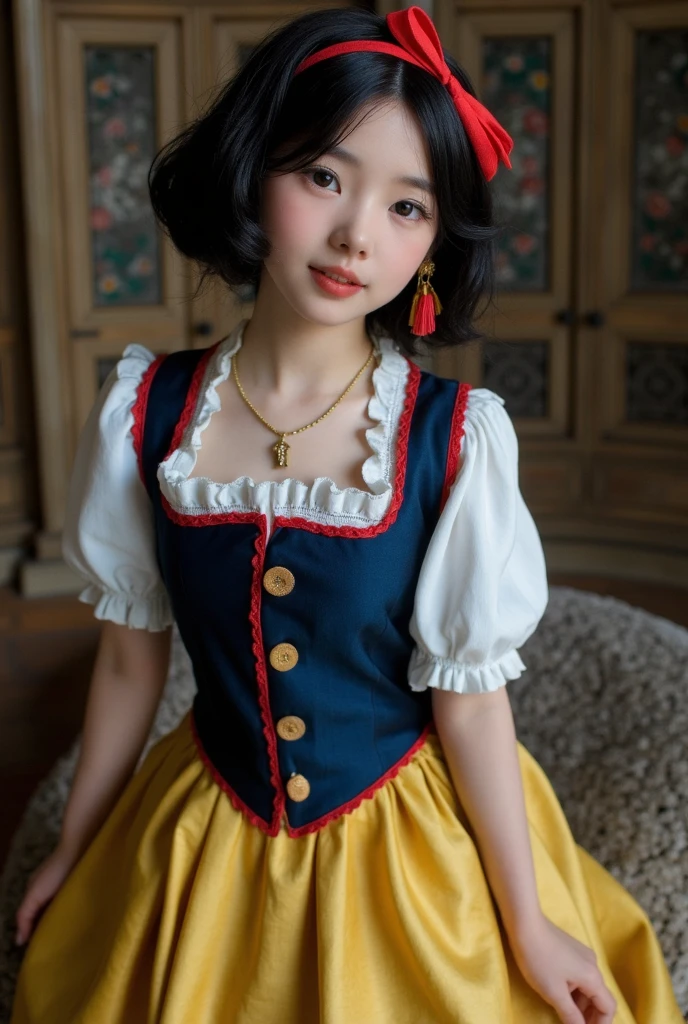 ((masterpiece:1.2), best quality, highres, ultra-detailed), solo, 1girl, (SnowPrincessw,snowwhite from disney,beautiful skin:1.2),(drooping eyes:1.4), (14 years old,small breasts,brown eyes,large eyes,black hair,retro curly bob:1.1),elegant face,(red headband with a red ribbon in the center:1.3),
princess,red cloak,(dress,skirt), cowboy shot,
looking at viewer, (outdoor,at night,castle:1.2) 