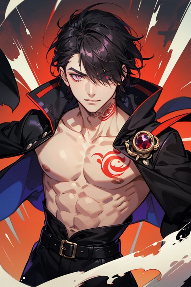 male with black hair black eyes slim body with black sword with red desing with moden cloth in close