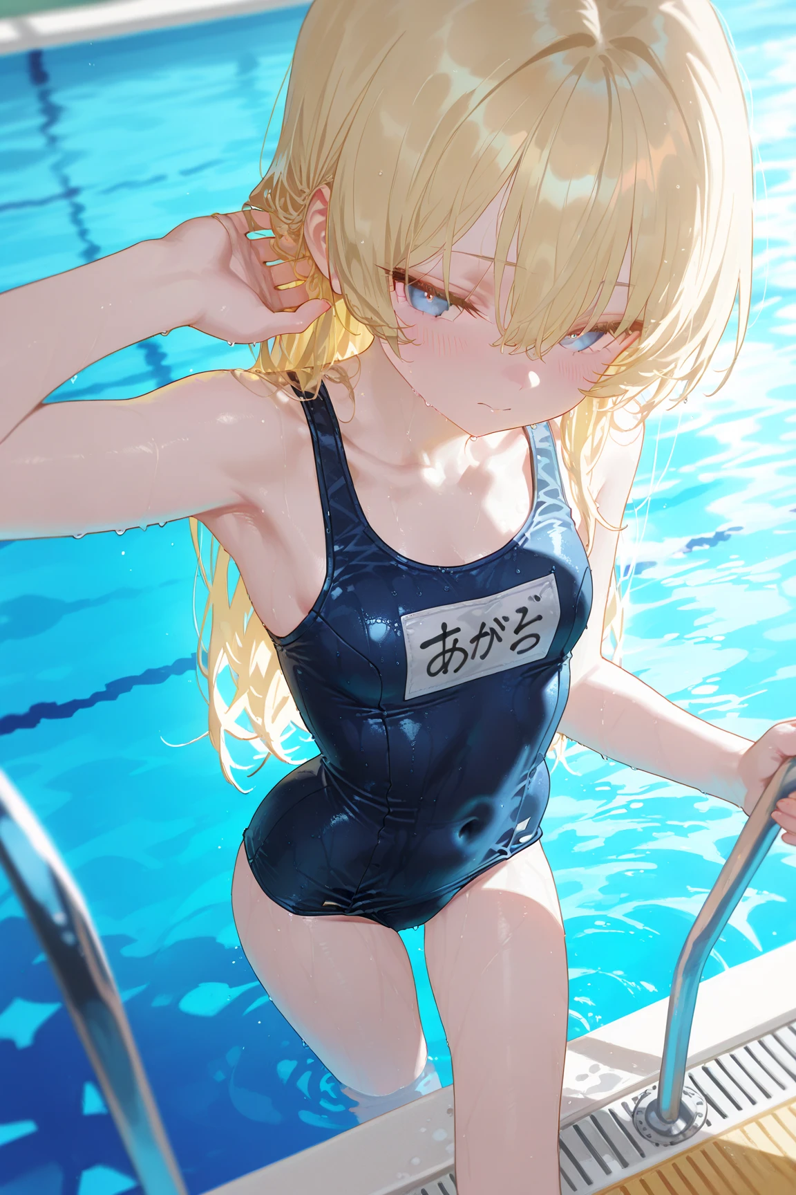 master piece,best quality,8k,
BREAK 1girl,(ultra detailed pale blonde hair:1.3),(ultra detailed white skin:1.2),(shiny skin),(ultra detailed light purple eyes:1.3),tsurime,
BREAK (bishojo),(cute),
BREAK (straight hair:1.2),(long hair:1.2),(two side up:1.2),(black color hair ribbon),blunt bangs,(small breast:1.2),hoop earrings,blush,smile,head tilt,
BREAK (school swimsuit:1.2),(wet hair:1.2),(wet body:1.3),
BREAK (pov:1.2),standing,(hand on own chest),cowboy shot,from front,
BREAK (pool:1.3),