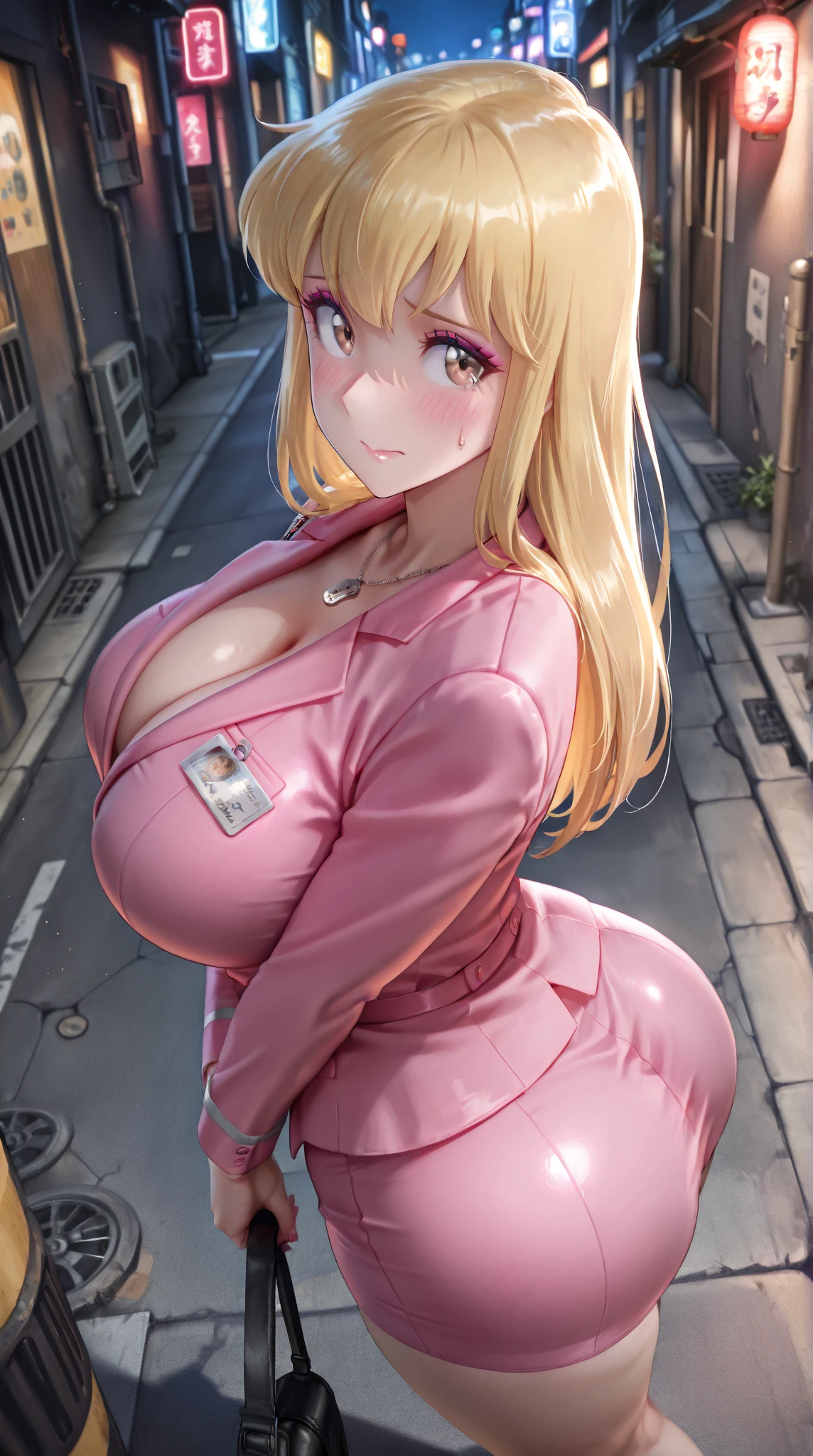 highres, masterpiece, perfect ligthing, bloom, cinematic lighting, adult, perfect skin, female,1girl,solo, (PrincessPeach), (Princess Peach), (pink and white Jumpsuit:1.5),shiny clothes,  Racing suit,cleavage, curvy ,wide hips,huge breasts ,(navel),cameltoe,covered nipple,detailled eyes, blue eyes, choker,heavily makeup, glossy lips, pink lips,smile,glossy skin,oily skin,beautiful light,cowboy shot,garage,race car ,sweat,steaming body, pubic hair,helmet in hand,ponytail