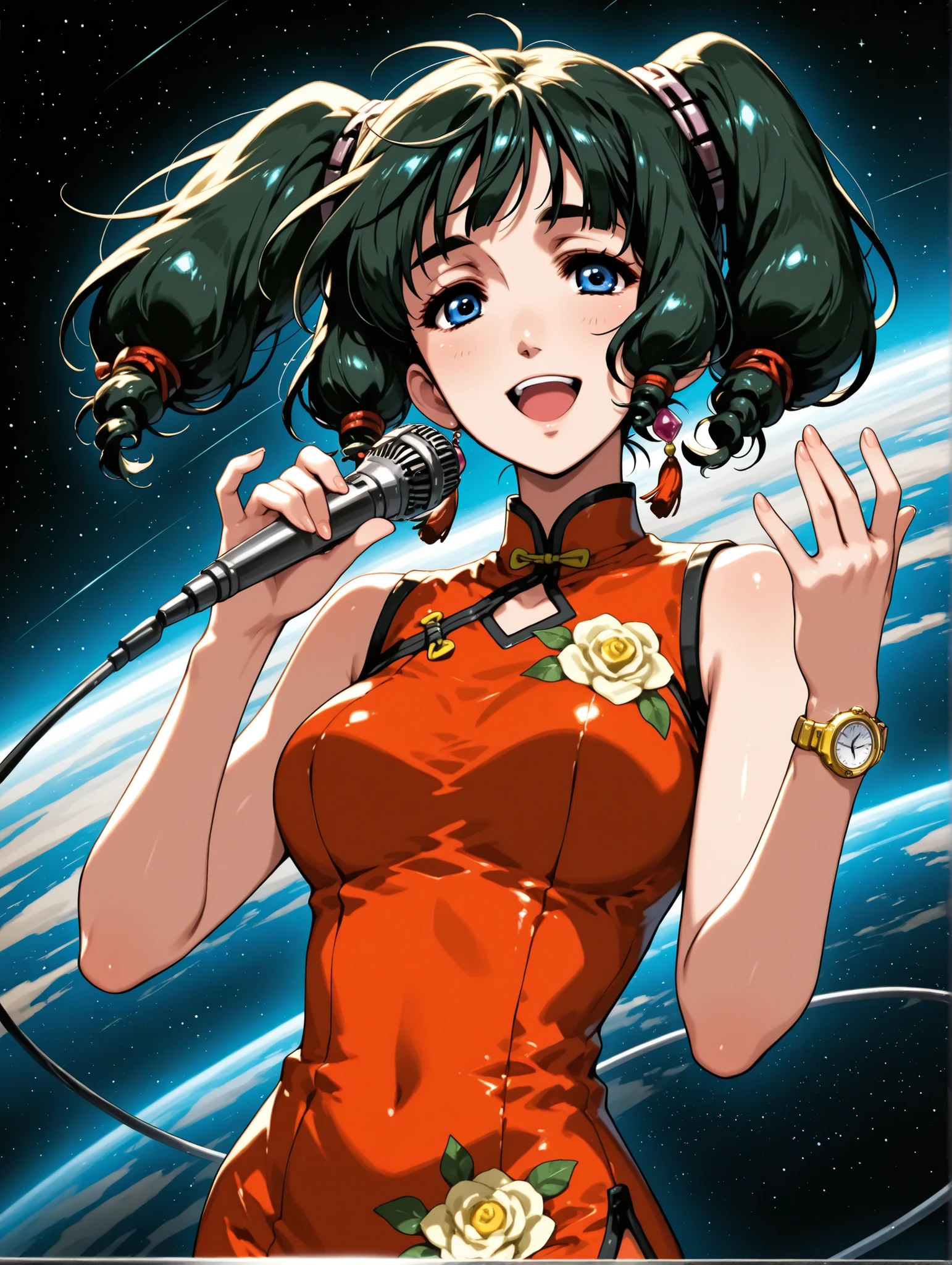 (masterpiece、Highest Quality、Highest Quality、Official Art、beautiful and beautiful:1.2)、(1 girl on break day:1.3) Ling Min Mei ,1 girl, bun hair, pigtails、black hair、beautiful breasts, Watch Viewers, smile, (( Ling Min Mei of macross)),red china dress、open your mouth, blue eyes, , microphone, music, space, ホルディング microphone, Singing ,