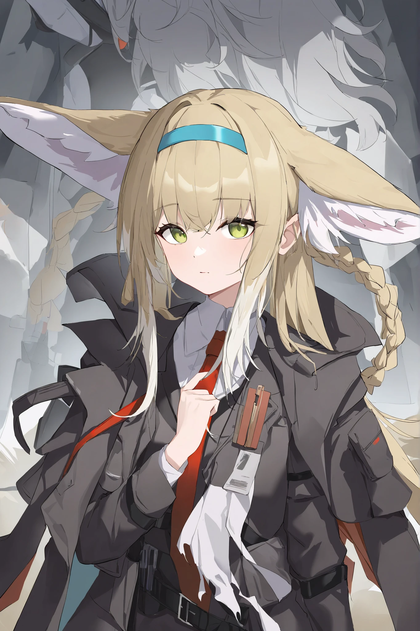 1girl, 18 years old, (animal ears), straight-on, upper body, hair between eyes, hair ornament,lolita headband, multicolored hair, twin braids, fox tail, multiple tails, open coat, blue coat, bangs, looking at viewer, blush, standing, hood down,long sleeves, light smile, solo, bare tree, building, city, cityscape, sunny day, day, outdoors, skyscraper, street, tokyo \(city\), tree ,<lora:arknightsSuzuran_v10:1>