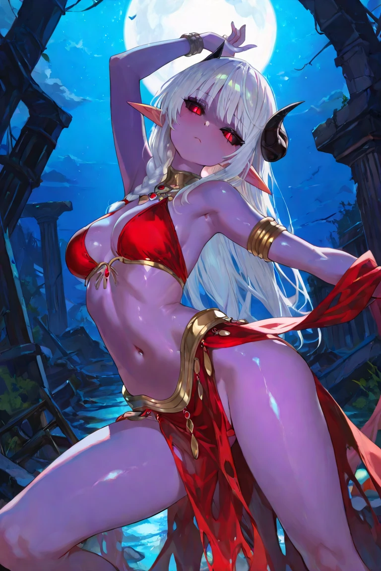 grey skin, drow, elf, 1sologirl, mature, golden eyes, white hair, black bikini, abs, big knockers, tatter rags, chain collar, stomach tattoo (red tattoo) big breast
