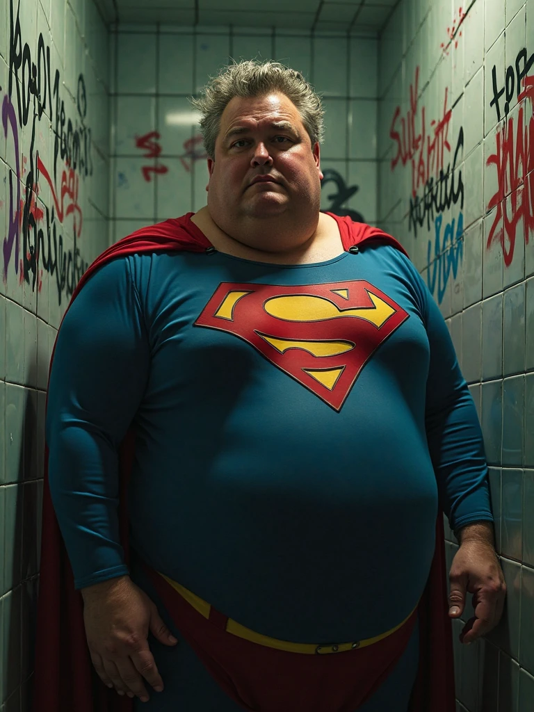 Super fat sad superman, in an abandoned burger joint