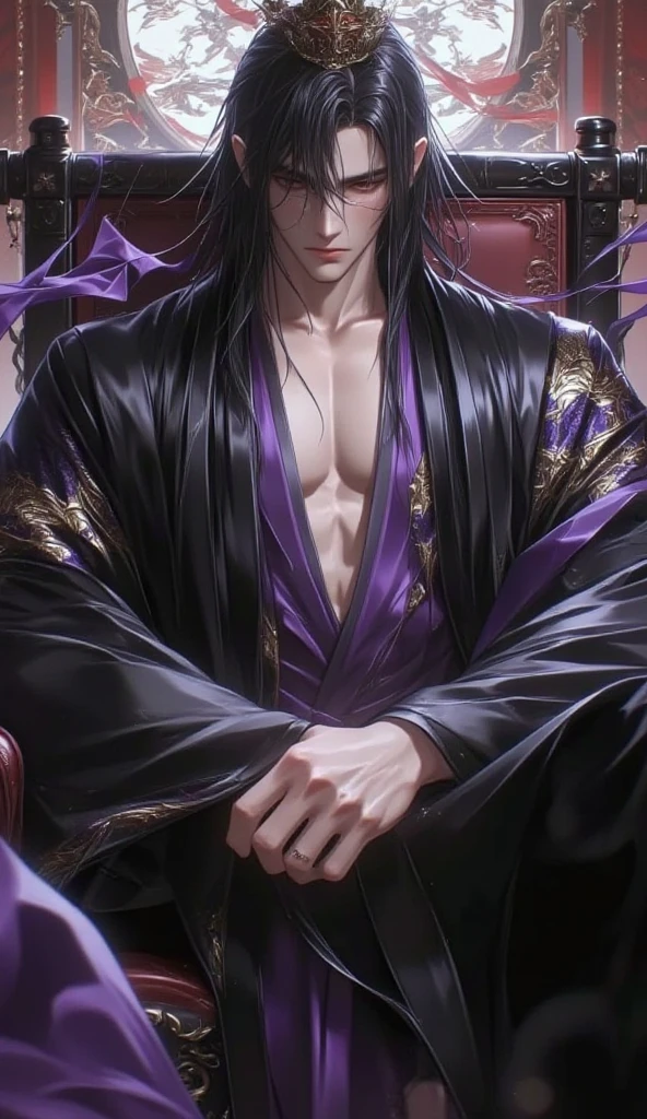 Ultra detailed, HDR, Highres, absurdres, master piece, Sebastian Michaelis, black hair, expressive red eyes, Kuroshitsuji, patterns, black tight shirt, purple stained glass, purple ice, petals, purple ice flowers, sexy man, solo, extremely detailed face and eyes, extremely handsome, glittering, toned chest, glittering eyes, white gloves,