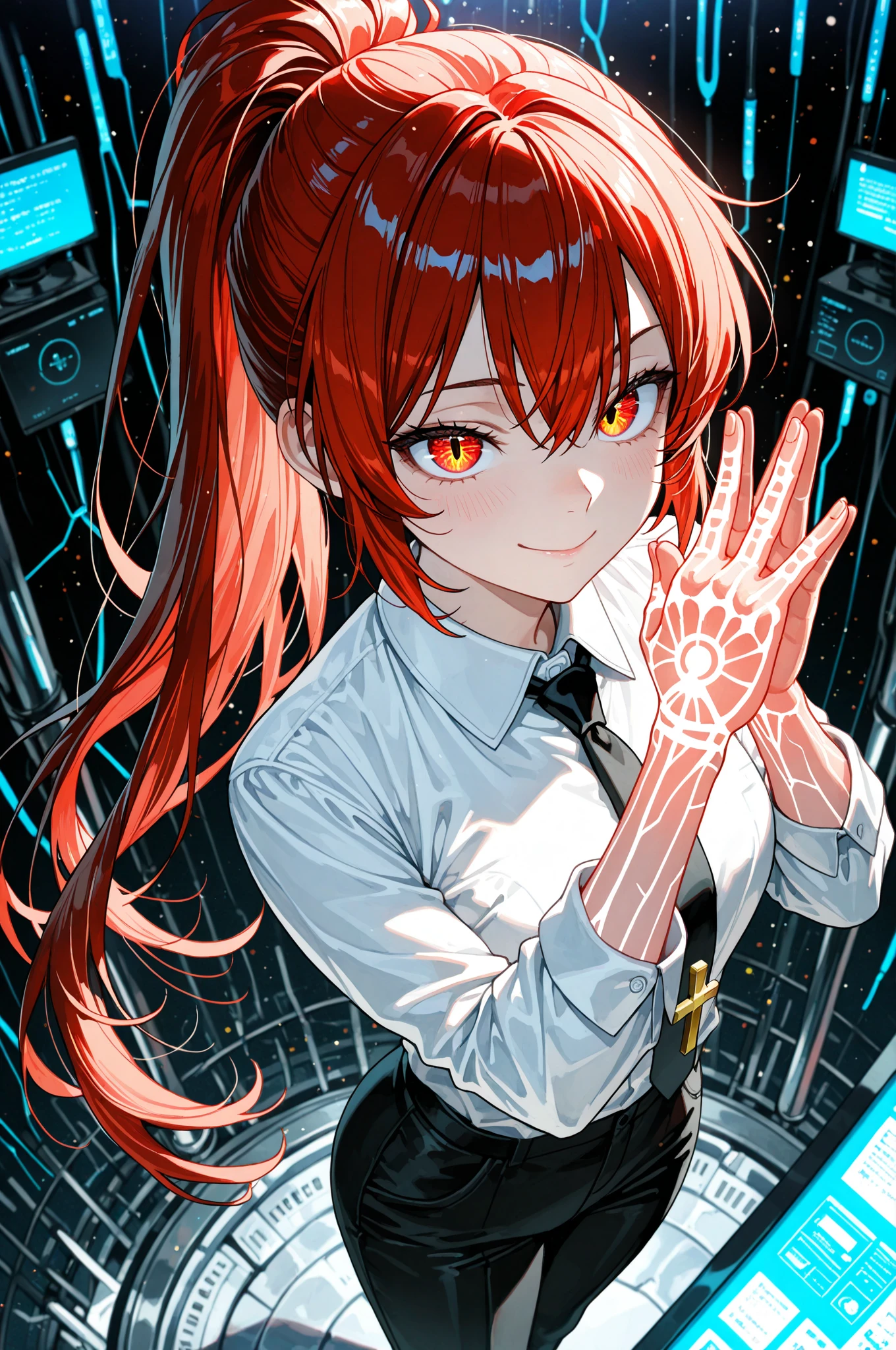 hand \(chainaw man\), Highest quality, Super detailed, One person, alone, Are standing, Redhead, Long braided hair, Golden Eyes, bangs, Medium chest, Erect nipples,White shirt, Tic, stare, smile, (evil:1.2), Displaying the viewer, (interview:1.3), (Dark Background, chain:1.3)
