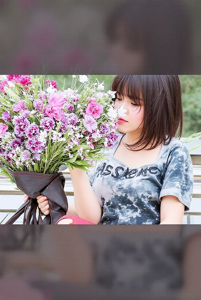 (8k, RAW Photos, highest quality, masterpiece, Realistic, Realistic), (1 female), (Ultimate beauty), Highly detailed face, (Perfect Teeth), Beautiful Eyes, double eyelid, eyelash, smile, Lip details, Brunette Bob, The light shines on your face, Big Breasts, ((T-Shirts)), (Tight mini skirt), (background: garden), ((Written boundary depth))