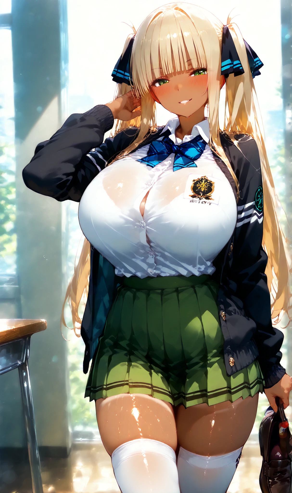 Score_9, Score_8_up , Score_7_up , Score_6_up , Score_5_up , Score_4_up , Source_real, tag1, tag2, Quality_masterpiece, 1 girl, solo, high resolution, masterpiece, best quality, detailed CG, detailed face, detailed skin, gigantic breasts, tanned, (dark skin:1.2), tan lines, green eyes, blonde hair, long hair, twintails, blunt bangs, blush, smirk, shiny, school uniform,black cardigan,open cardigan,white shirt,collared shirt,large breasts,long sleeves,green skirt,pleated skirt,zettai ryouiki,white thighhighs,loafers