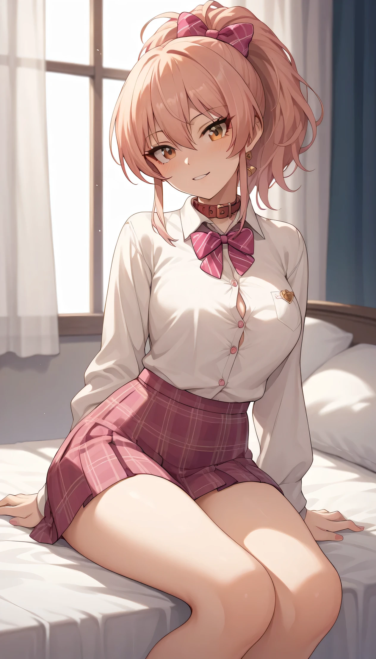 An image of Mika Jougasaki , long hair and ponytail, wearing a white shirt with collar and buttons and a short pink plaid school skirt , posing erotically standing in a room , Sitting on the edge of a bed with her legs crossed 