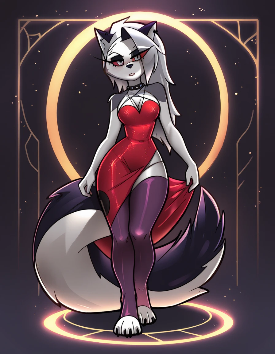 best quality,   fnafroxanne, furry female, body fur, makeup, wolf ears, wolf tail, crop top, big breasts, purple lipstick, collar, spikes, jewelry, ear piercing, bracelet, yellow eyes, detailed eyes,  3DMM, gray hair, green hair, thigh squish,, big ass, wide hips, knee socks, thigh highs, groin