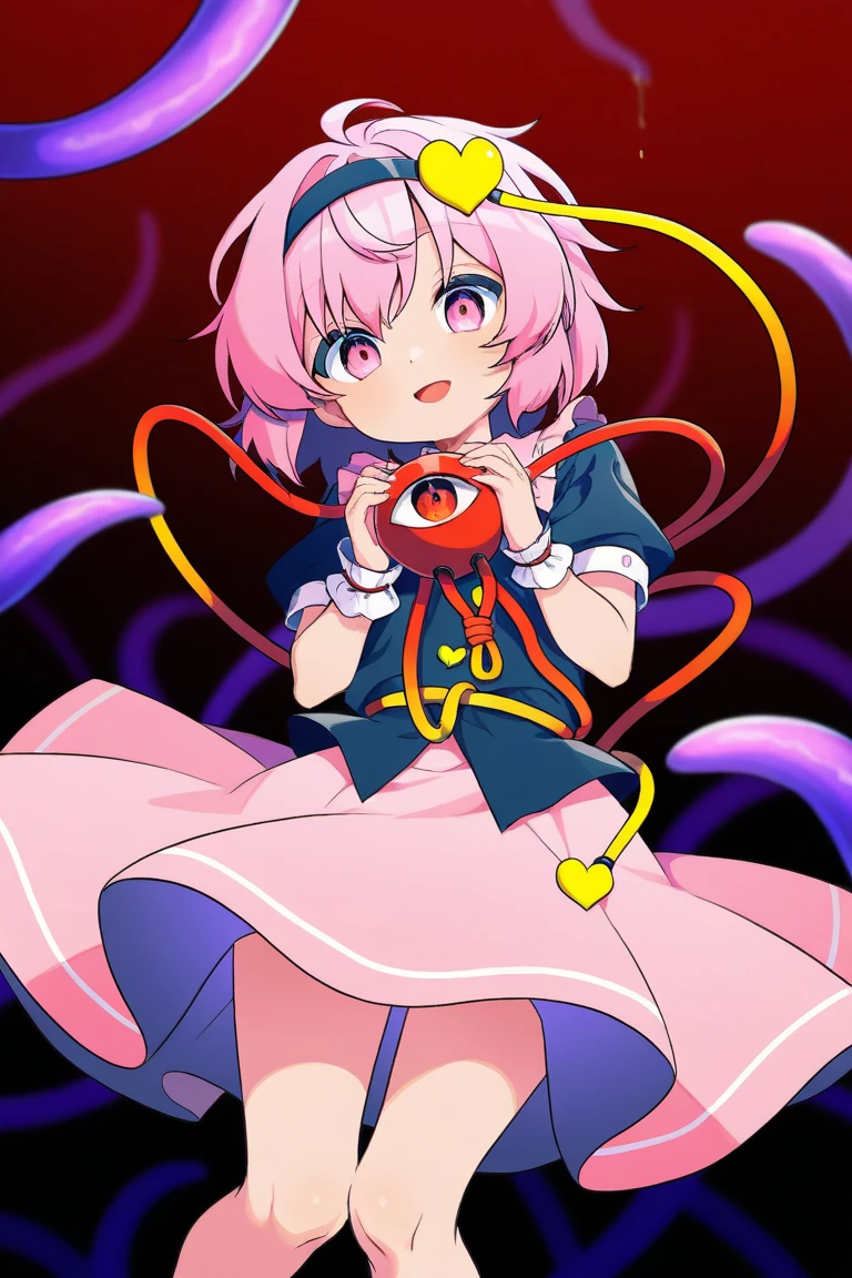 best quality, masterpiece, highres, solo, {komeiji_satori_touhou:1.15}, heart, short_hair, hairband, pink_hair, third_eye, pink_eyes, blush, hair_ornament, heart_hair_ornament, 1girl, eyeball, skirt