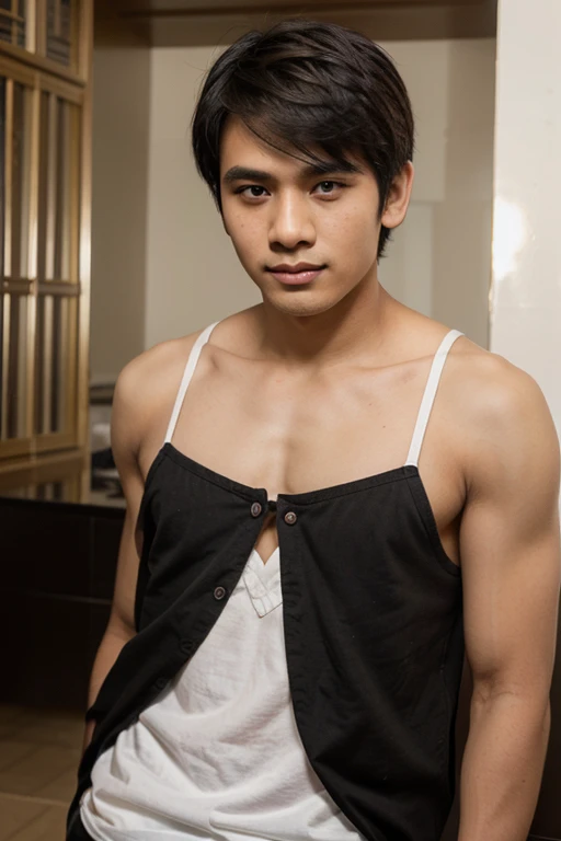 masuter piece、well built、jefri nichol a javanese Male、Age 15、Hot Guy、sexy moustache, muscular、macho、wearing majapahit kingdom costume, gold head band, gold shoulder band, gold necklace, gold crown, hair bund, long-haired、Fade Cut、bodybuilder, Large body、low angles、Real texture、wear sarong batik, sharp focus,