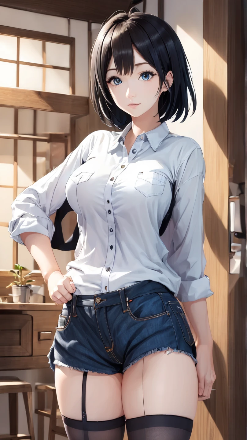 best quality, 1girl, masterpiece ultra detailed, illustration, nakanaka_omoharu, glossy lips, blush, short hair, light smile, midriff, jeans