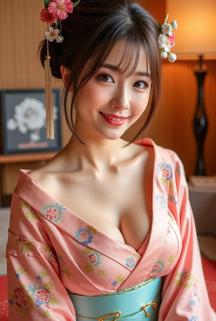 (Photorealsitic: 1.4, best qualtiy, 8K,Wetty:1.3 ), ( 20yr old, K-pop idols、 Kimono with cherry blossom pattern, Sweat: 1.2, Black hair、Twin-tailed、A smile), Fine skin, (Film Lighting), Soft light, Double eyelids, ((独奏、Colossal tits:1.5、cleavage of the breast、Bust-up shot、laying down on the bed、function))