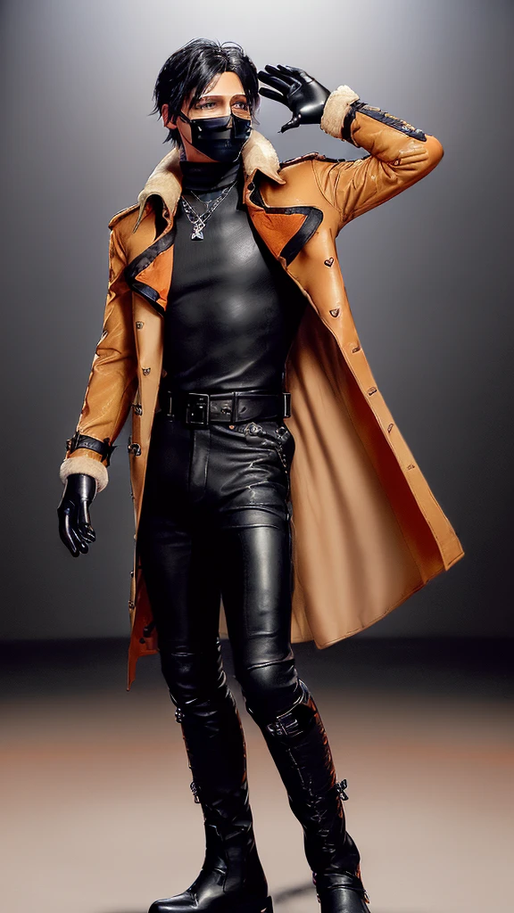 Final fantasy taste and reality graphics, ((Japanese young cute and cool ikemen boy)), his age is early 20s, thin eyebrows and beady eyes, ((he wearing orange beige color thick and heavy material trench coat with black color neck fur)),((fur color is black)) ((coat is not leather material and soft fabric)), ((coat is large size)),((with epaulet)), ((coat is long sleeve)), ((zip front of the coat with waist belt)), , ,, ((also wearing black thick material turtleneck lackluster shirts)), ((tight black leather pants)), ((put black leather tight and thin glove on both hands)), ((black leather glove)),((black leather knee-high raceup boots)),((must views head-to-toe)),((must views whole body)), ,((Do not show skin from the neck down)),leather jacket leather glove and leather pants have few wrinkles, Avoid showing your innerwear,zip up jacket fastner.((must put on a leather glove)).
Boy is black hair.boy looks like fashion model.
Boy in the dim room.